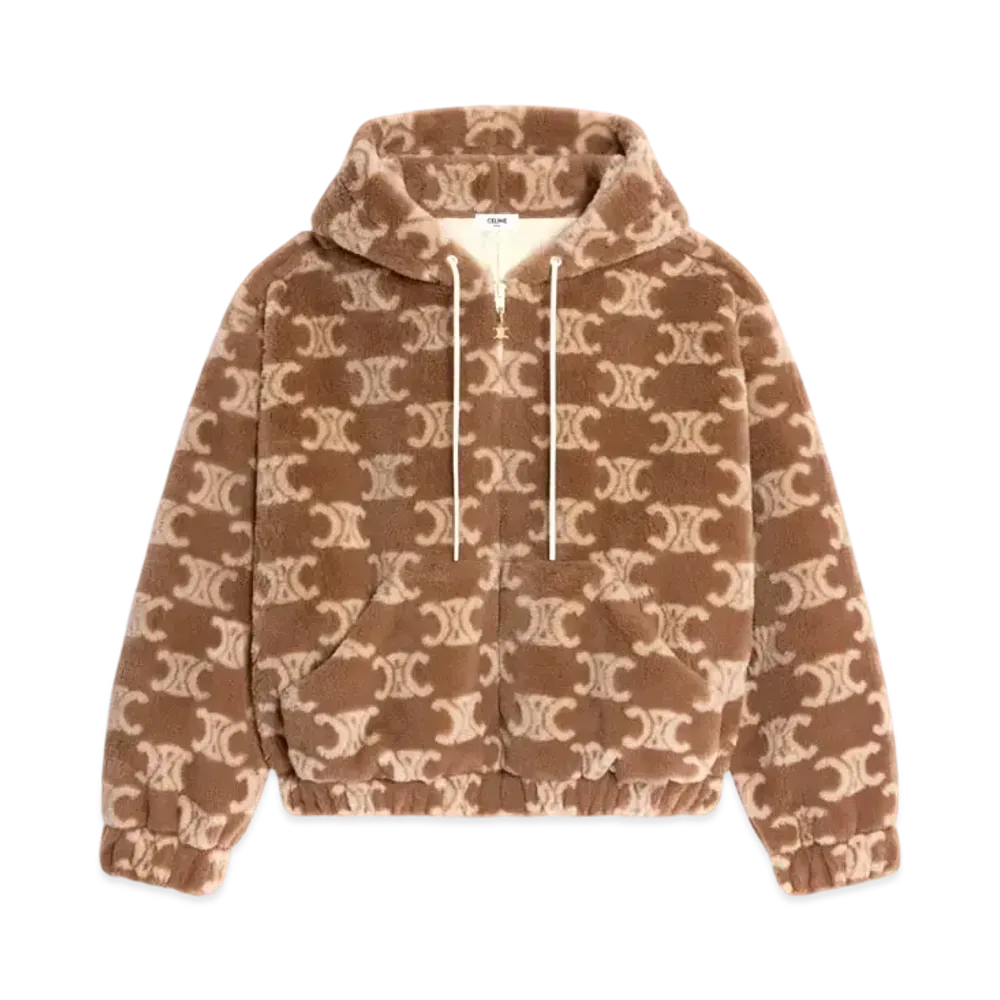 CELINE Hooded Jacket In Triomphe Wool and Fur "Hazelnut/Fiselle/Off-White"