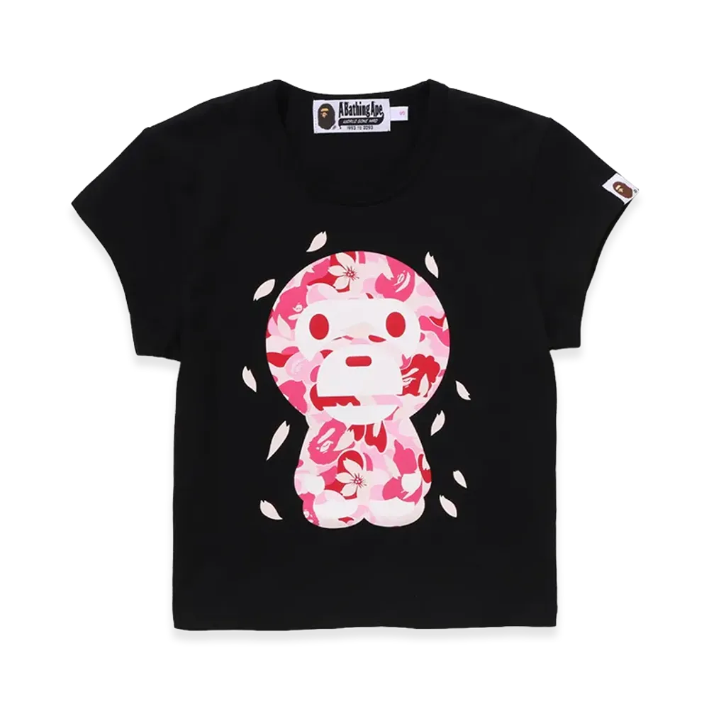 A BATHING APE Ladies ABC Sakura Camo Baby Milo Cropped Tee "Black"