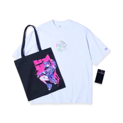 NEW ERA Short Sleeve Oversized Cotton T-Shirt Twill Tote Set Naoki Saito Front Print "White"