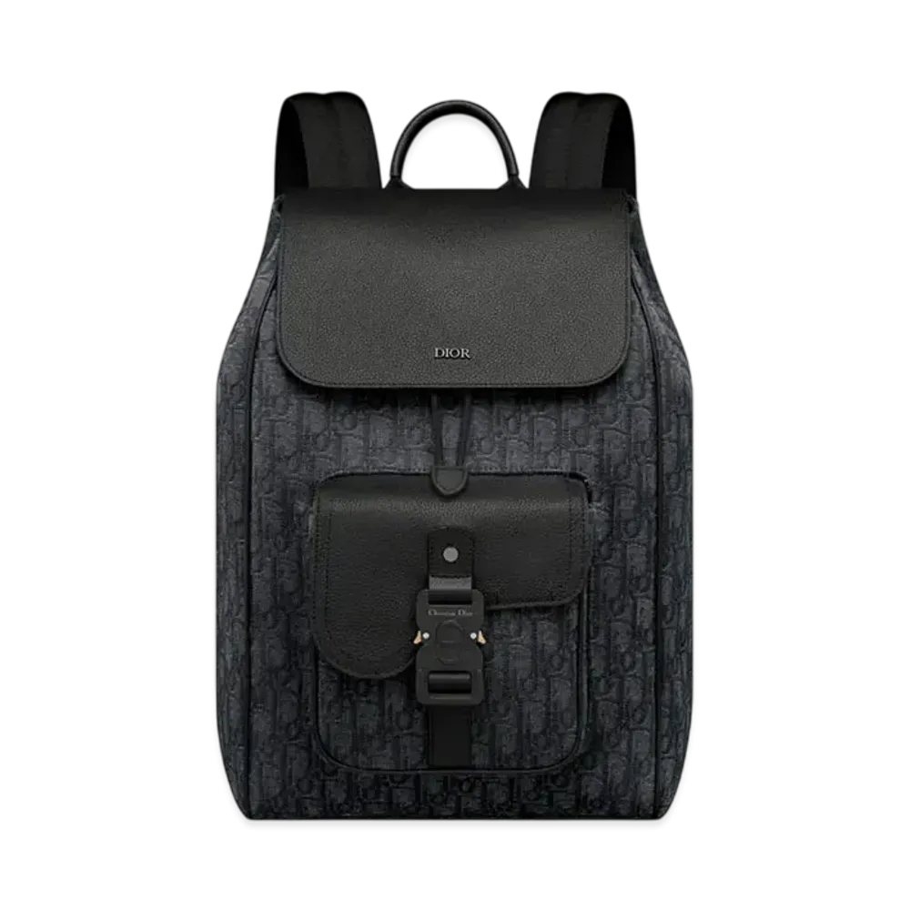 Dior Saddle Backpack with Flap Dior Oblique Jacquard and Grained Calfskin "Black"
