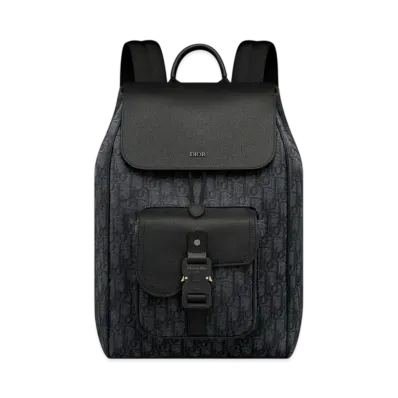 Dior Saddle Backpack with Flap Dior Oblique Jacquard and Grained Calfskin "Black"
