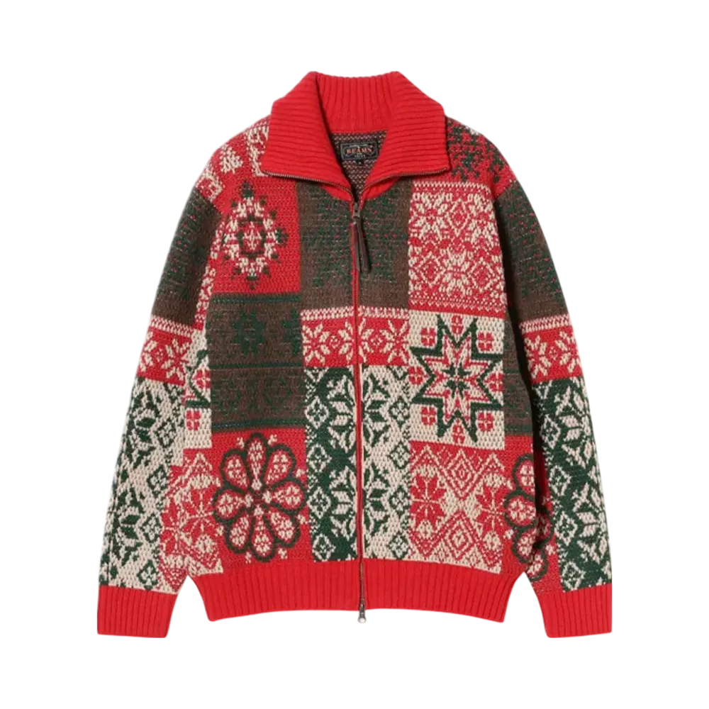 BEAMS Zip Cardigan Double Jacquard Patchwork Like Pattern "Red"
