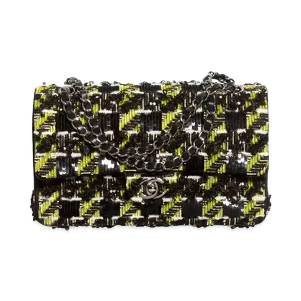 CHANEL Classic 11.12 Handbag Embroidered Satin, Sequins, Glass Pearls & Ruthenium-Finish Metal "Black/Yellow/White"