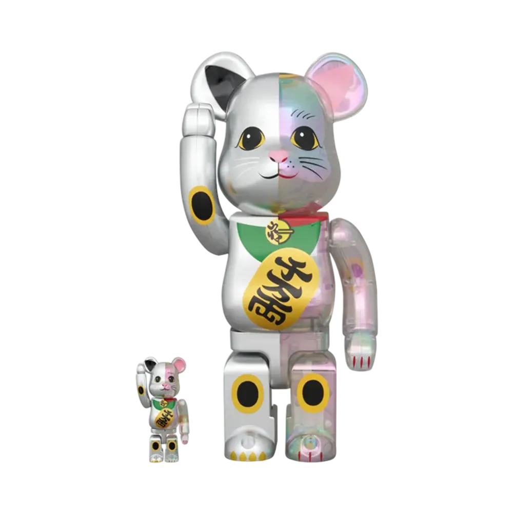 MEDICOM TOY "BEARBRICK" Maneki-Neko Silver Paint X Clear Plating Ten Man Ryo 100% & 400%