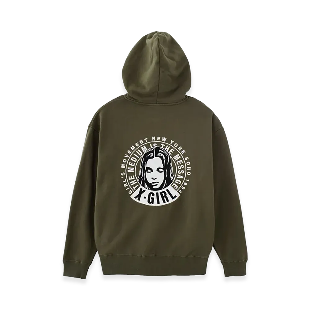 X-Girl Circle Message And Face Zip Up Sweat Hoodie "Olive"