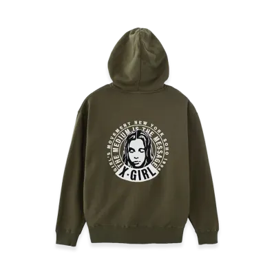 X-Girl Circle Message And Face Zip Up Sweat Hoodie "Olive"