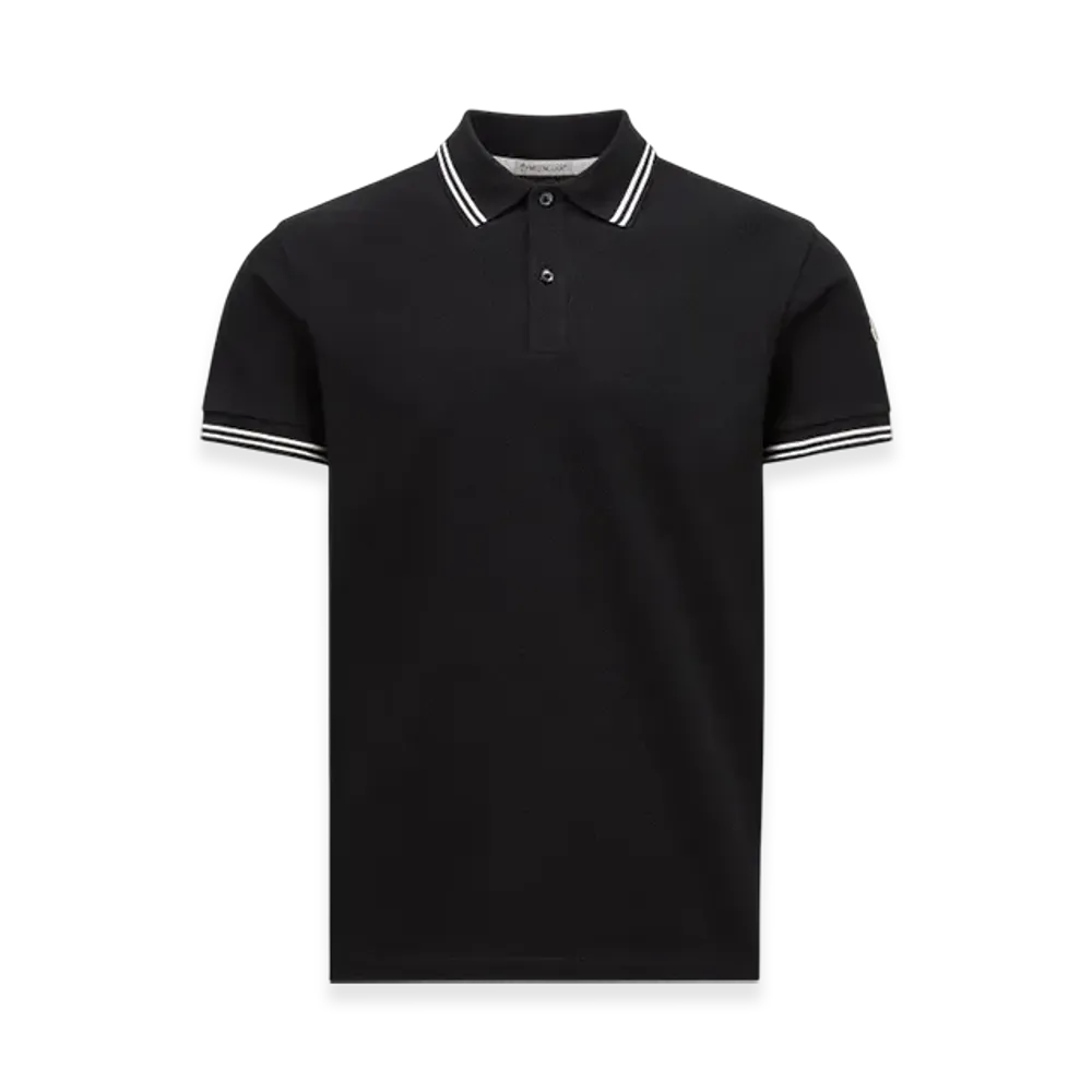 MONCLER Striped Trim Cotton Piquet Polo Shirt "Dark Blue"