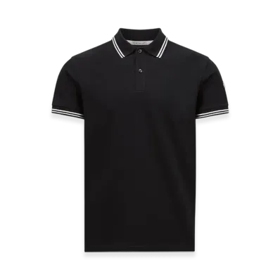 MONCLER Striped Trim Cotton Piquet Polo Shirt "Dark Blue"