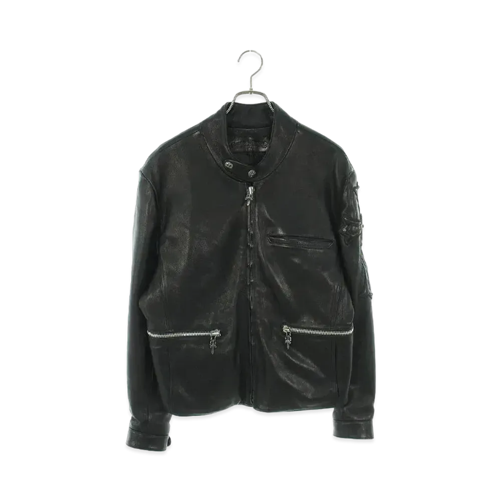 Chrome Hearts Racing Large Cross Dagger Zip Single Riders Leather Jacket "Black"