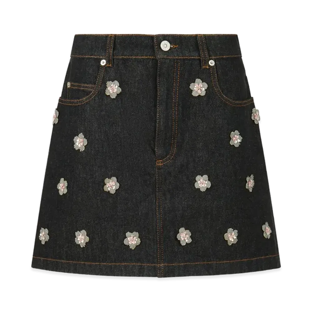 MARNI Women's Denim Skirt with Daisy Appliques "Blue"