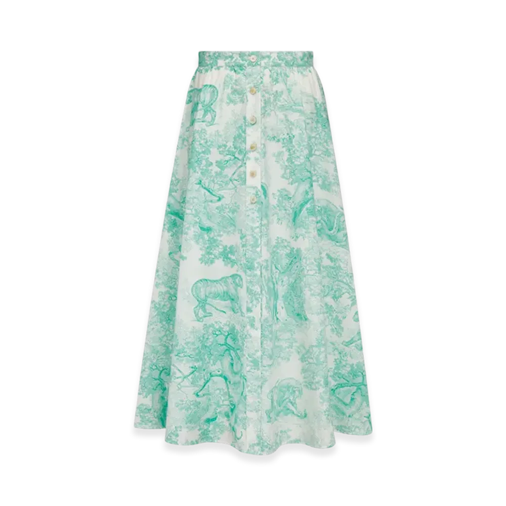 Dior Women's Cotton and Silk Poplin with Toile De Jouy Sauvage Motif Dioriviera Flared Mid Length Skirt "White/Aquamarina"