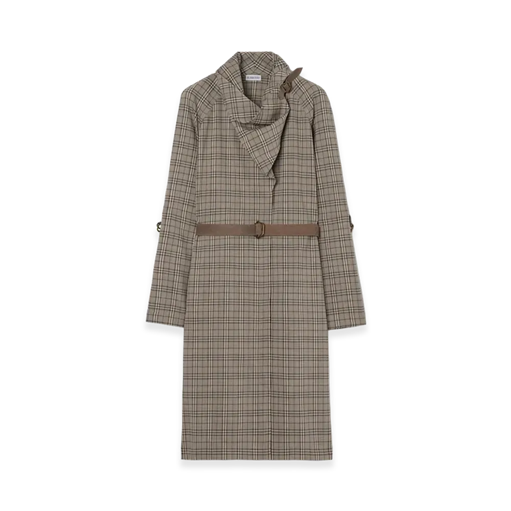 Burberry Women's Scarf Collar Check Wool Dress "Linen Beige/Mole Grey"