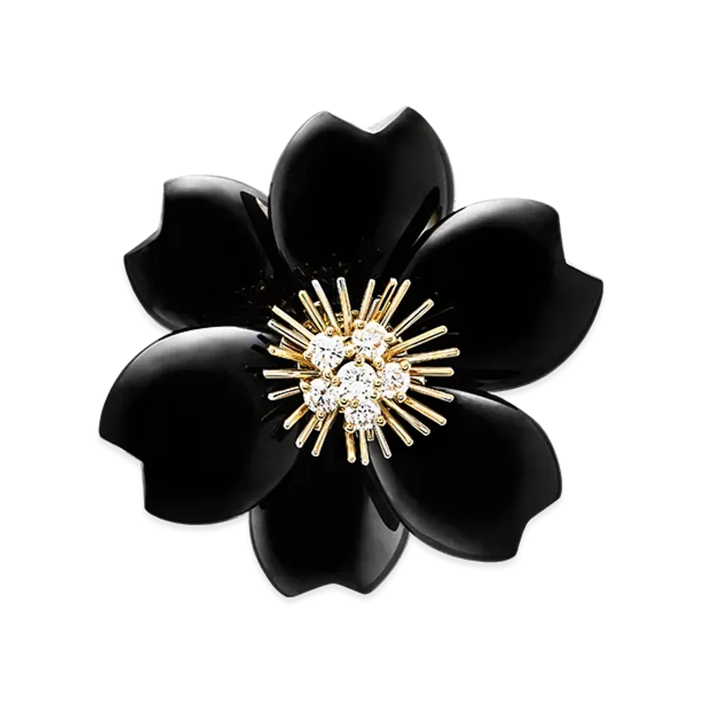 Van Cleef & Arpels Rose de Noel clip medium model "18K Yellow gold/Onyx/Diamond"