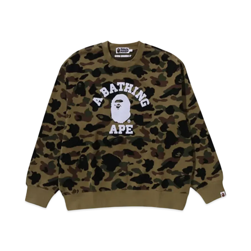 A BATHING APE 1St Camo Jacquard College Relax Fit Crewneck Sweatshirt "Green"