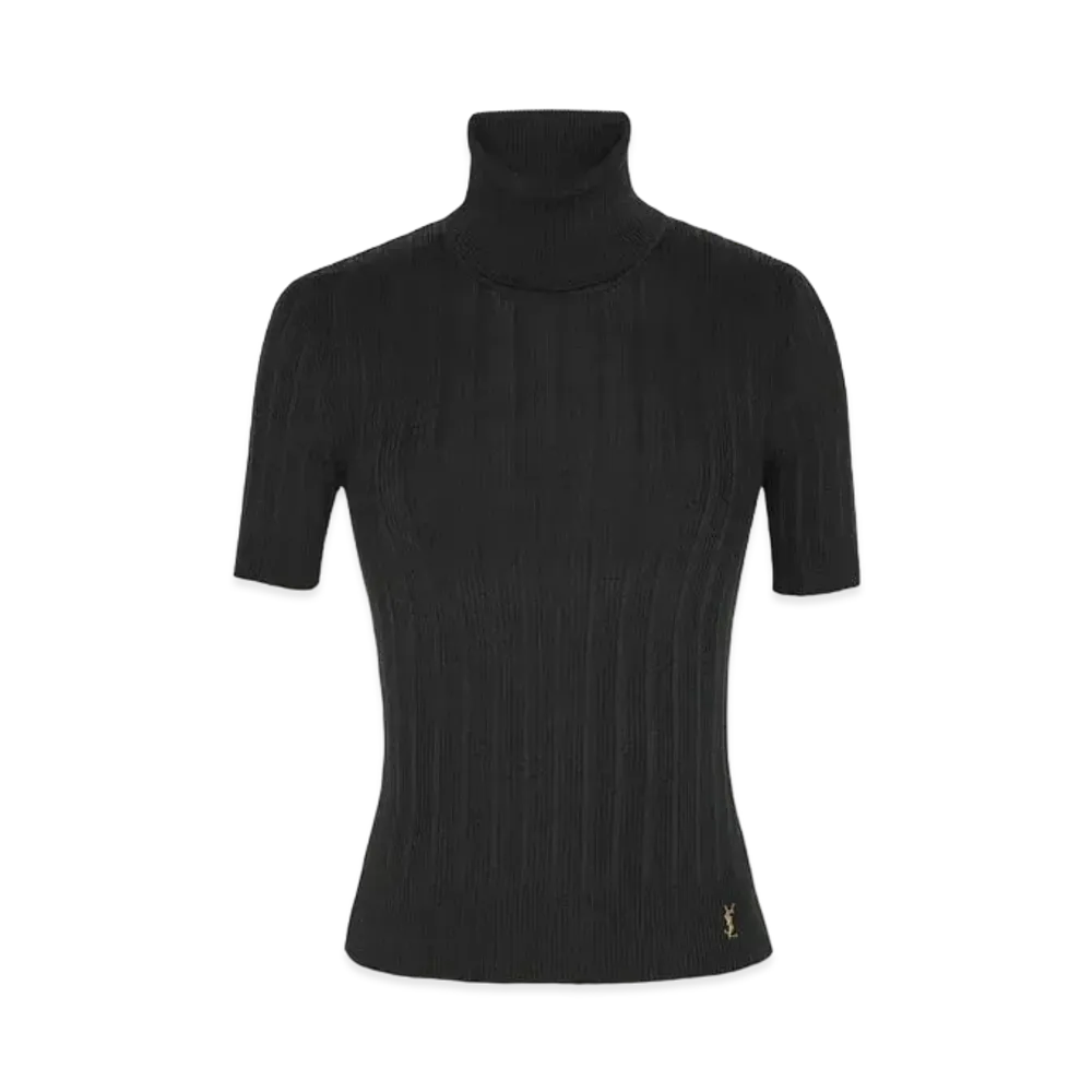 Saint Laurent Women's Top Cassandre in Ribbed Silk "Noir"