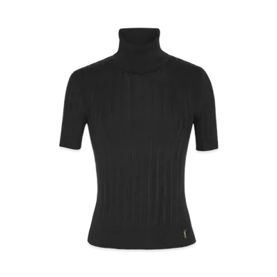 Saint Laurent Women's Top Cassandre in Ribbed Silk "Noir"