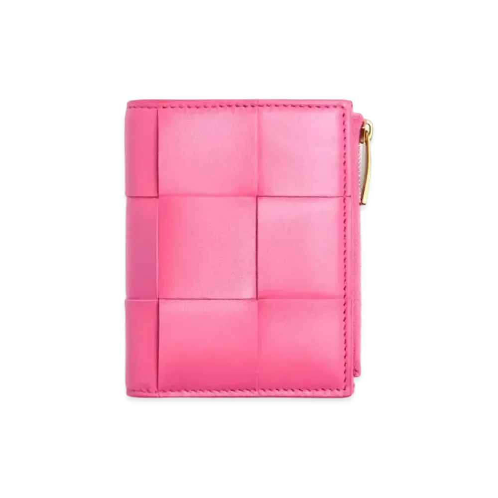 Bottega Veneta Casette Maxi Intrecciato Lambskin Bi-fold Zippered Wallet "Milk Sheke"