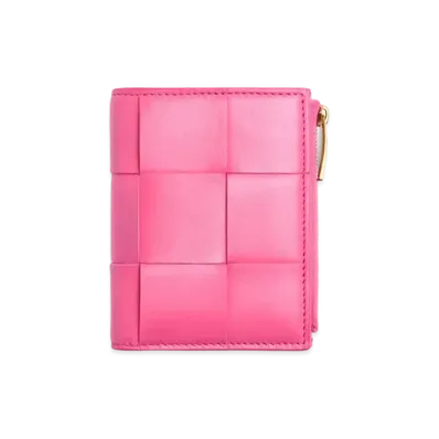 Bottega Veneta Casette Maxi Intrecciato Lambskin Bi-fold Zippered Wallet "Milk Sheke"