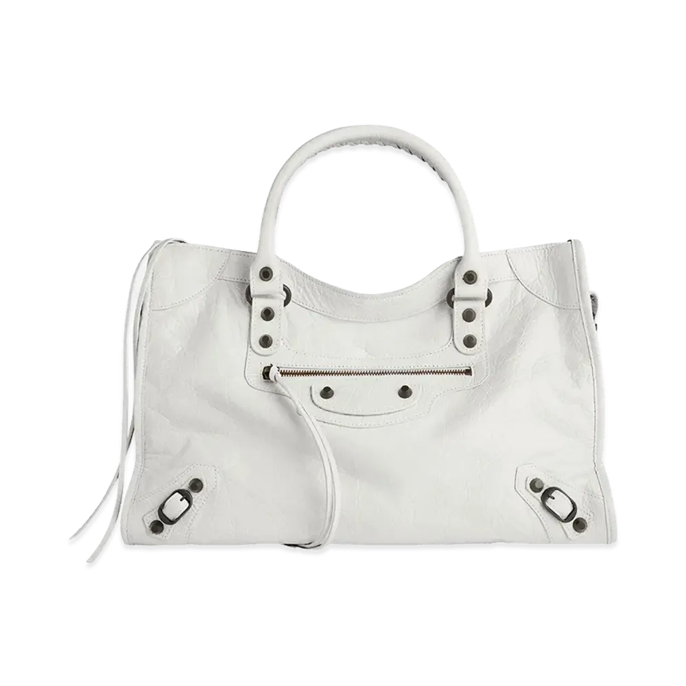 BALENCIAGA Women's Le City Medium Bag in Arena Leather "White"