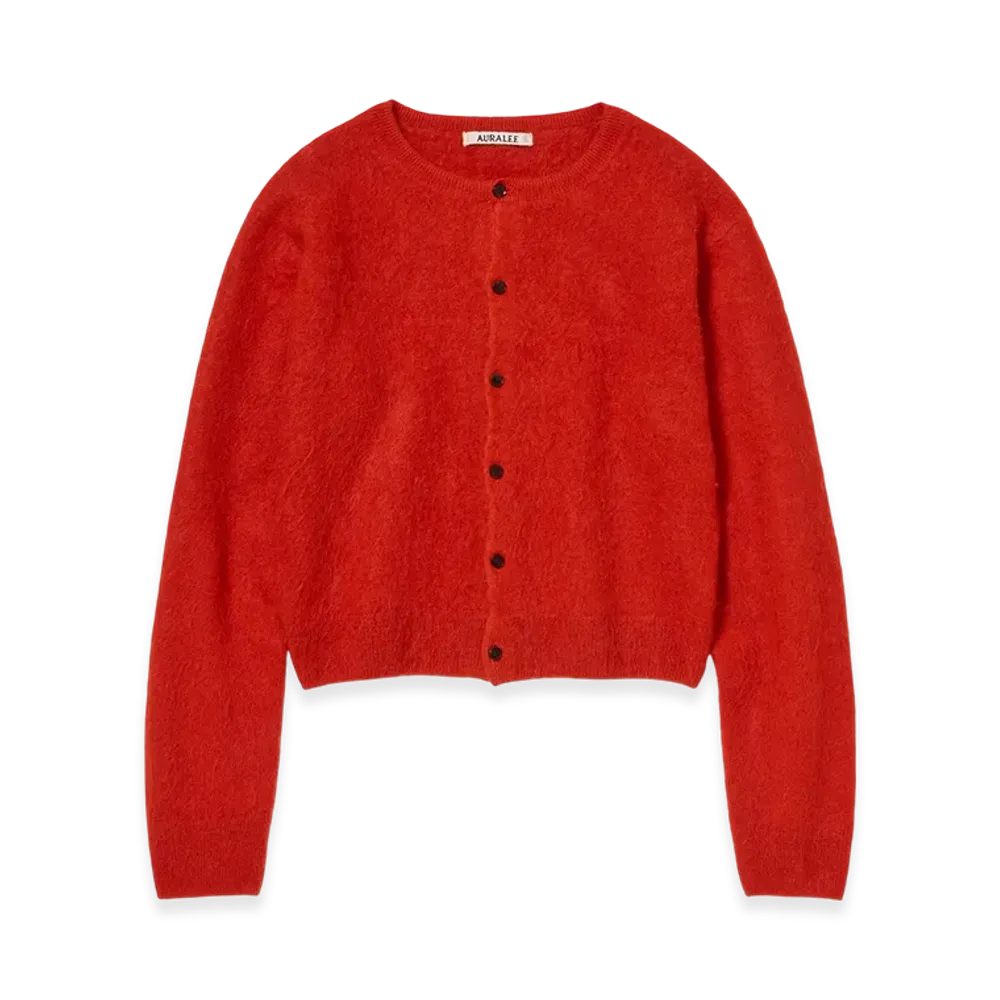 AURALEE Garment-Dyed Baby Alpaca Fur Knit Crew-Neck Cardigan "Red"