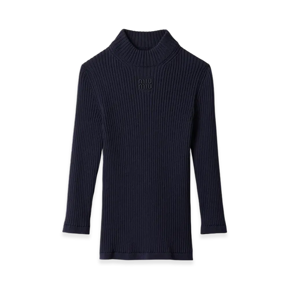 MIU MIU Women's Ribbed Knit Wool Turtleneck Sweater "Blue"