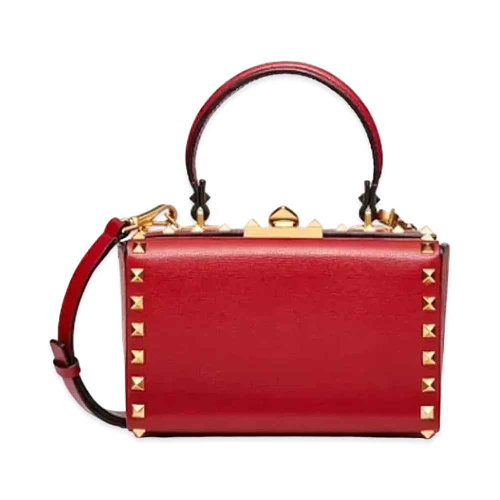 Valentino Rockstud Alcove Grainy Calfskin Box Bag "Rosso Valentino"
