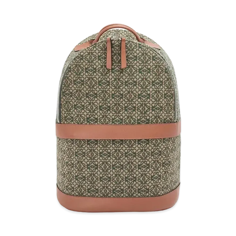 LOEWE Round Backpack In Anagram Jacquard And Calfskin "Khaki Green/Tan"