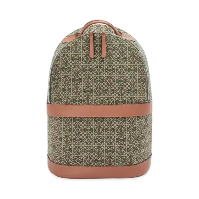 LOEWE Round Backpack In Anagram Jacquard And Calfskin "Khaki Green/Tan"