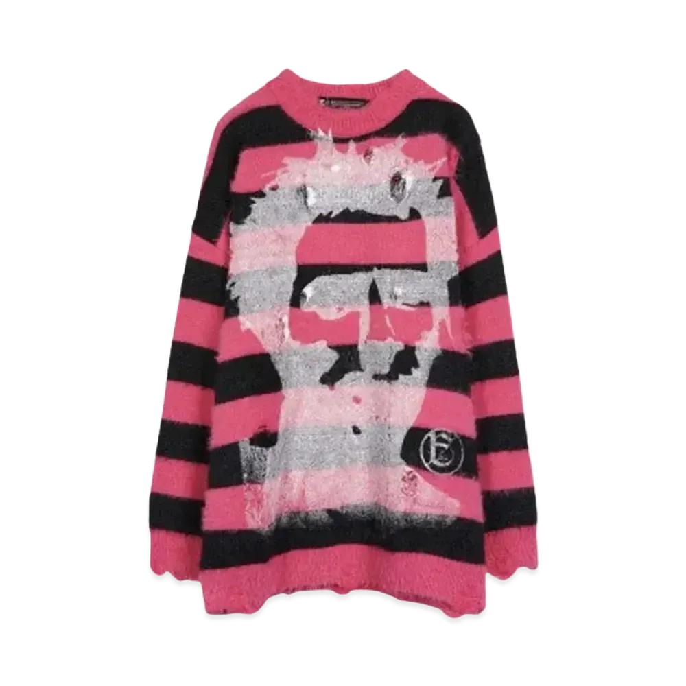 A GOOD BAD INFLUENCE HAND PRINTED FACE LOGO SWEATER(WHITE INK) "BLACK RED"