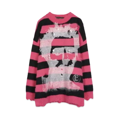A GOOD BAD INFLUENCE HAND PRINTED FACE LOGO SWEATER(WHITE INK) "BLACK RED"