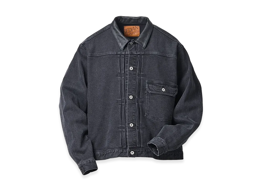 SEDAN ALL-PURPOSE Leather Collar Denim Jacket "Black"