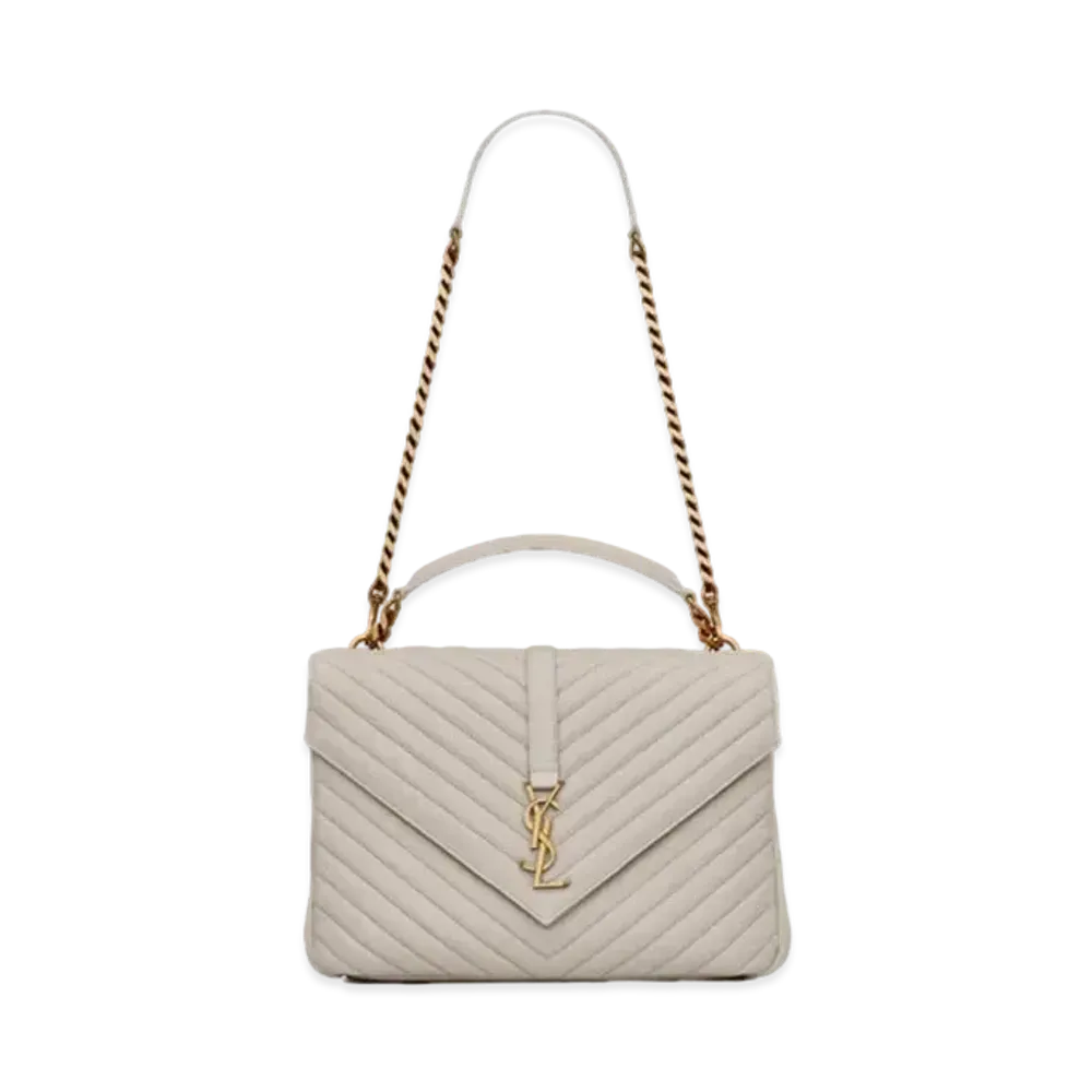 SAINT LAURENT College Large Chain Bag In Quilted Leather "Vintage White"