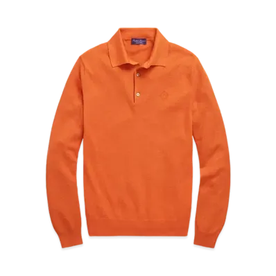 Ralph Lauren Purple Label Monogram Silk Blend Polo Collar Sweater "Orange"