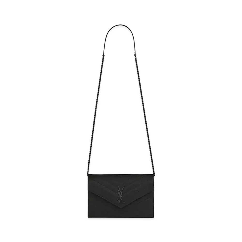 Saint Laurent Envelope Chain Wallet In Grain De Black Embossed Leather "Black"