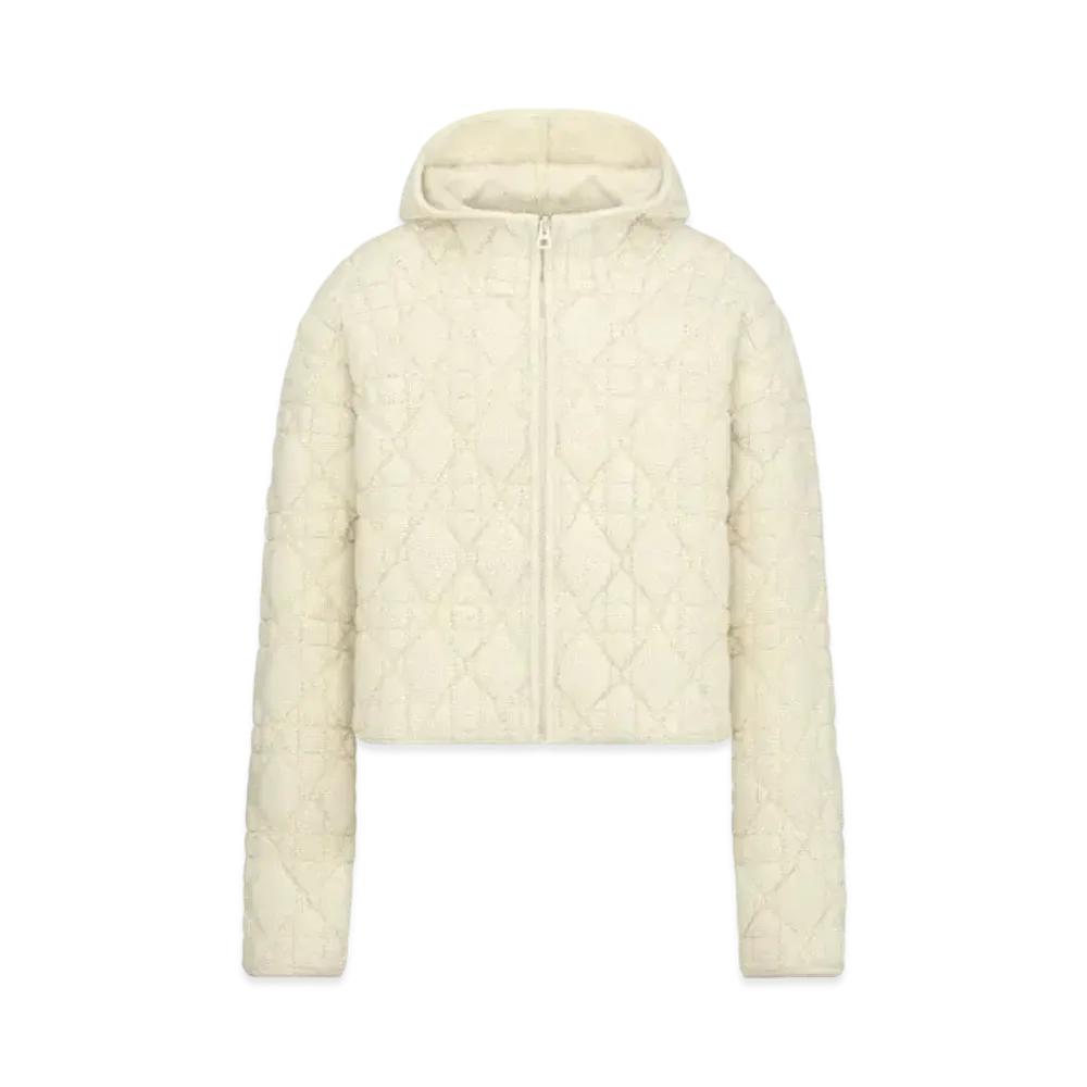 Dior Cannage Zipped Cardigan with Hood Blended Wool and Cashmere Textured Knit "Ecru"