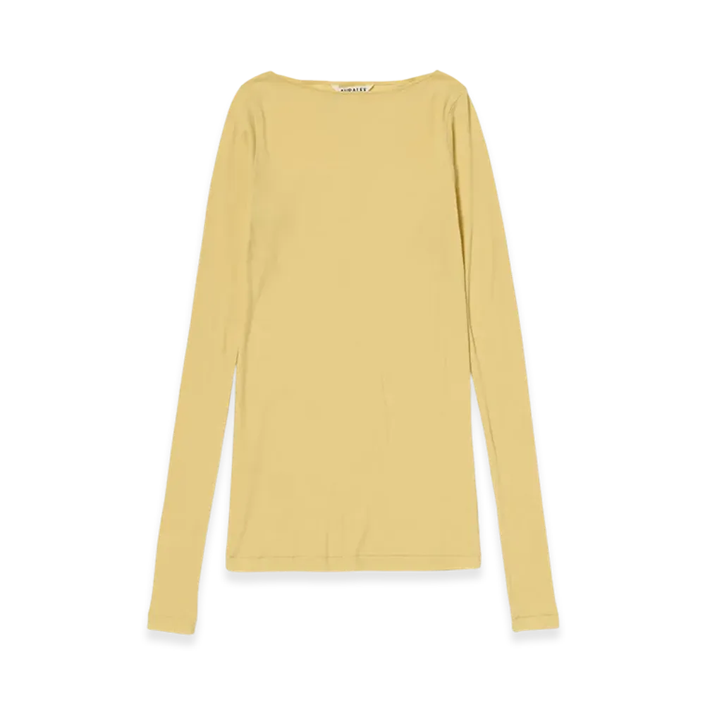 AURALEE Women's Super High Gauge Sheer Rib Boat Neck L/S Tee "Mustard"