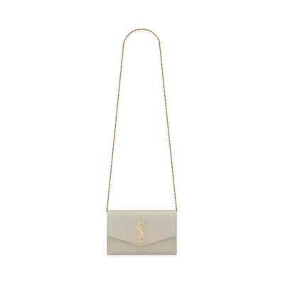 Saint Laurent Uptown Chain Wallet In Grain De Poudre Embossed Leather "Vintage White"