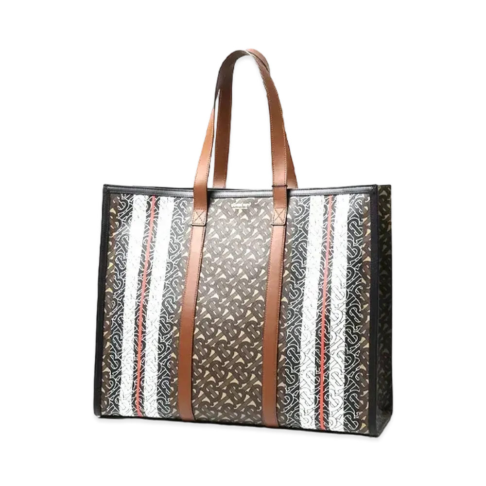 Burberry Small Monogram Stripe E Canvas Tote Bag "Bridle Brown"