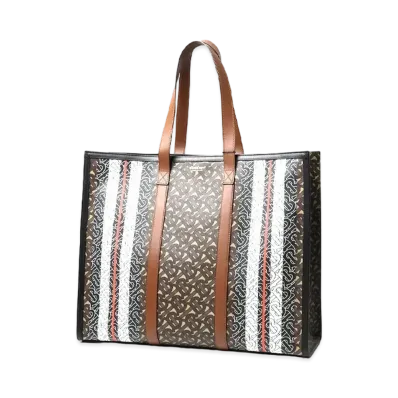 Burberry Small Monogram Stripe E Canvas Tote Bag "Bridle Brown"
