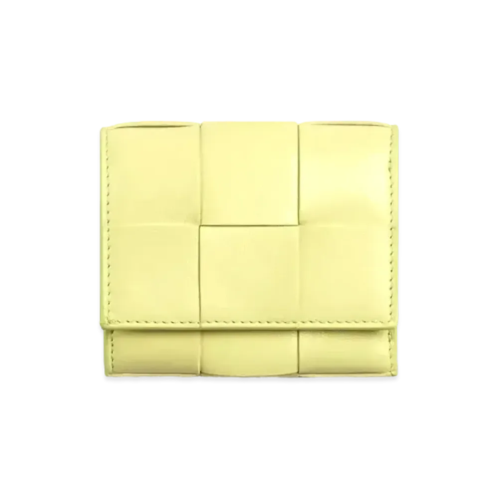 Bottega Veneta Casette Maxi Intrecciato Lambskin Calfskin Zip Trifold MIni Wallet "Lemon Washed"