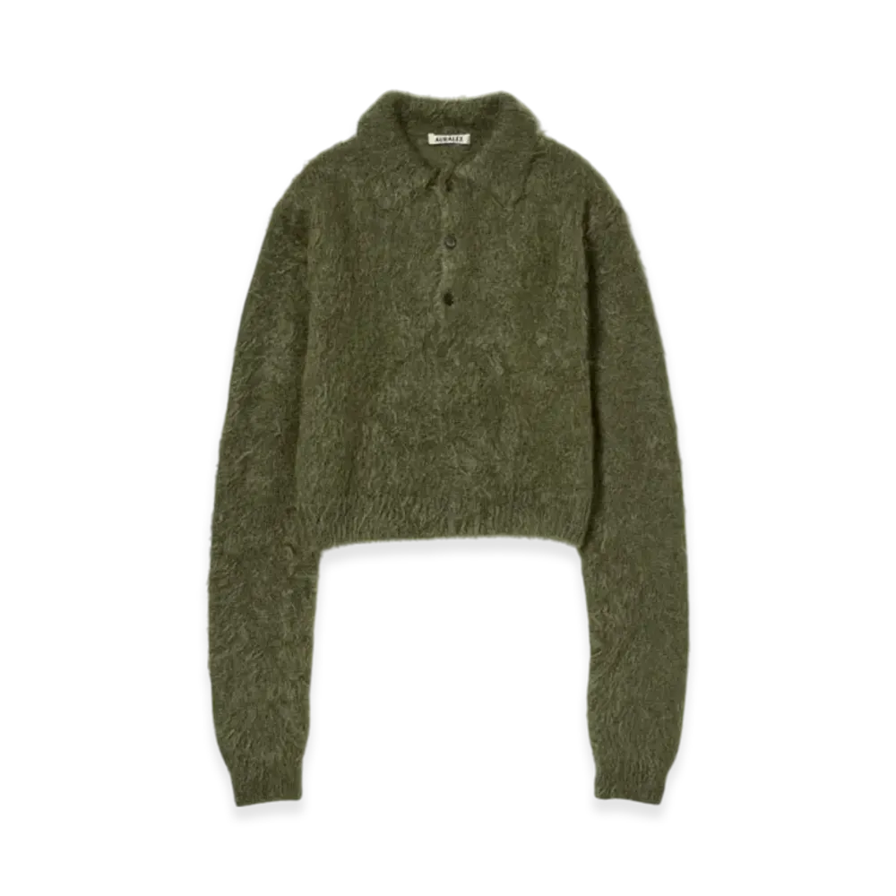 AURALEE Brushed Super Kid Mohair Knit Polo "Olive"