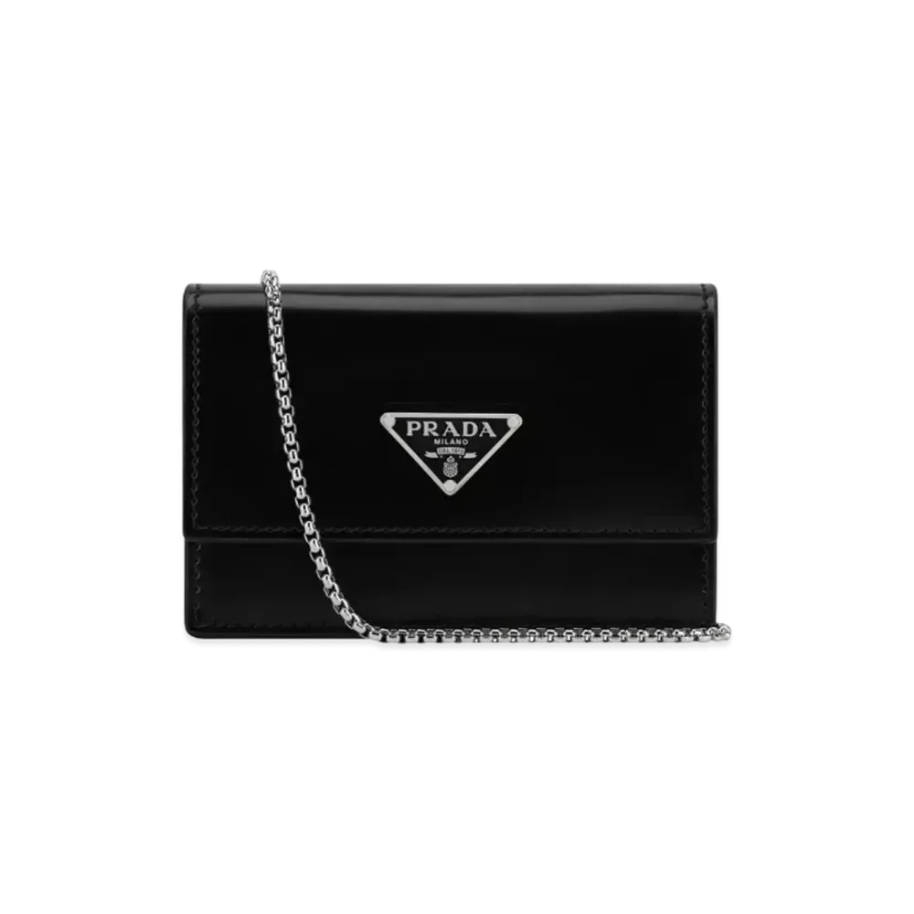 PRADA Brushed Leather Card Holder with Shoulder Strap "Black"
