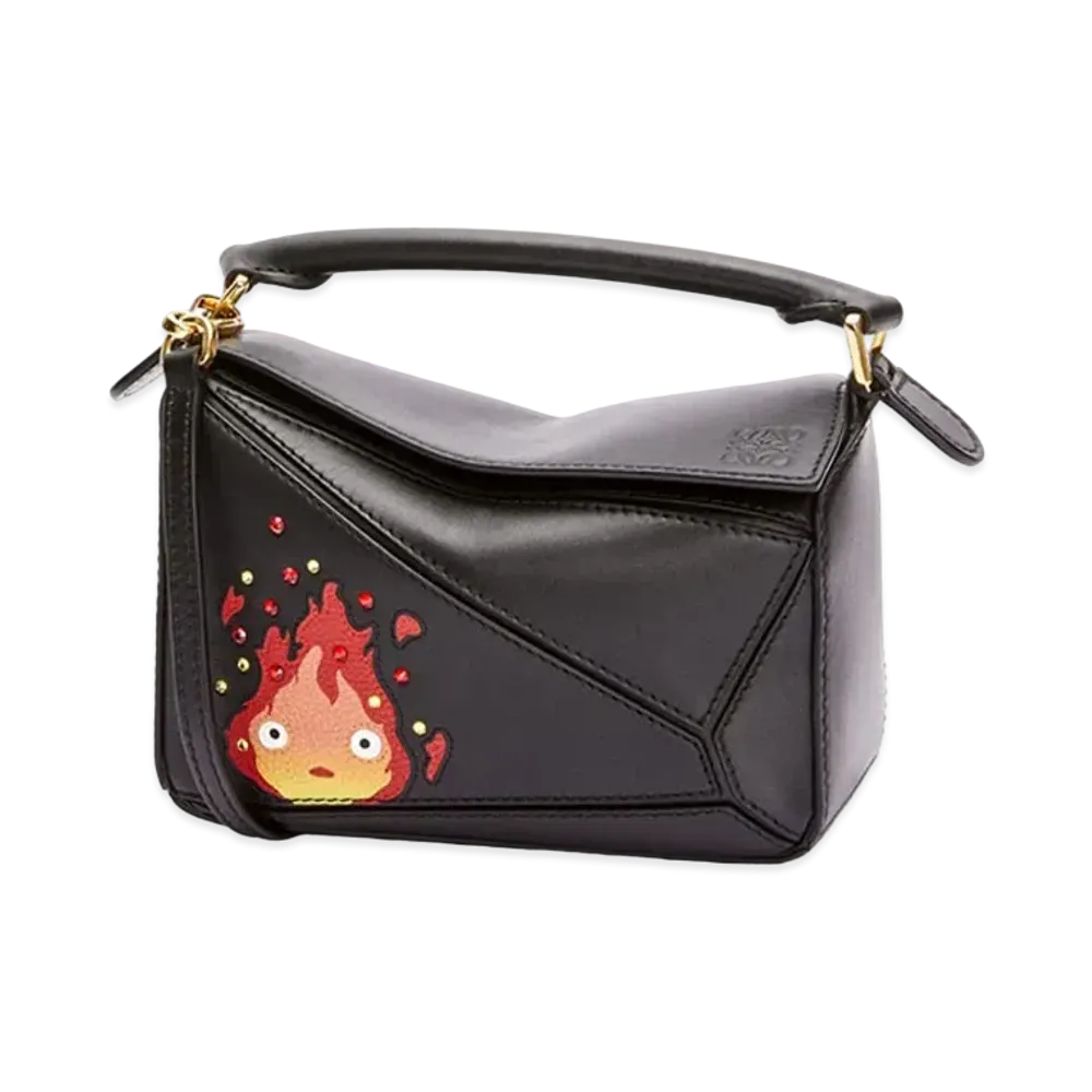 LOEWE x Howl's Moving Castle Calcifer Small Puzzle Bag In Satin Calfskin and Crystal "Black"