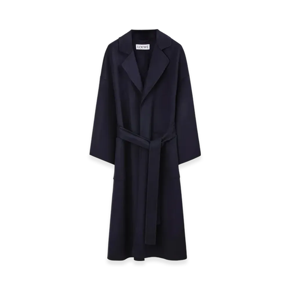 LOEWE Women's Oversize Belted Coat in Wool and Cashmere "Navy Blue"