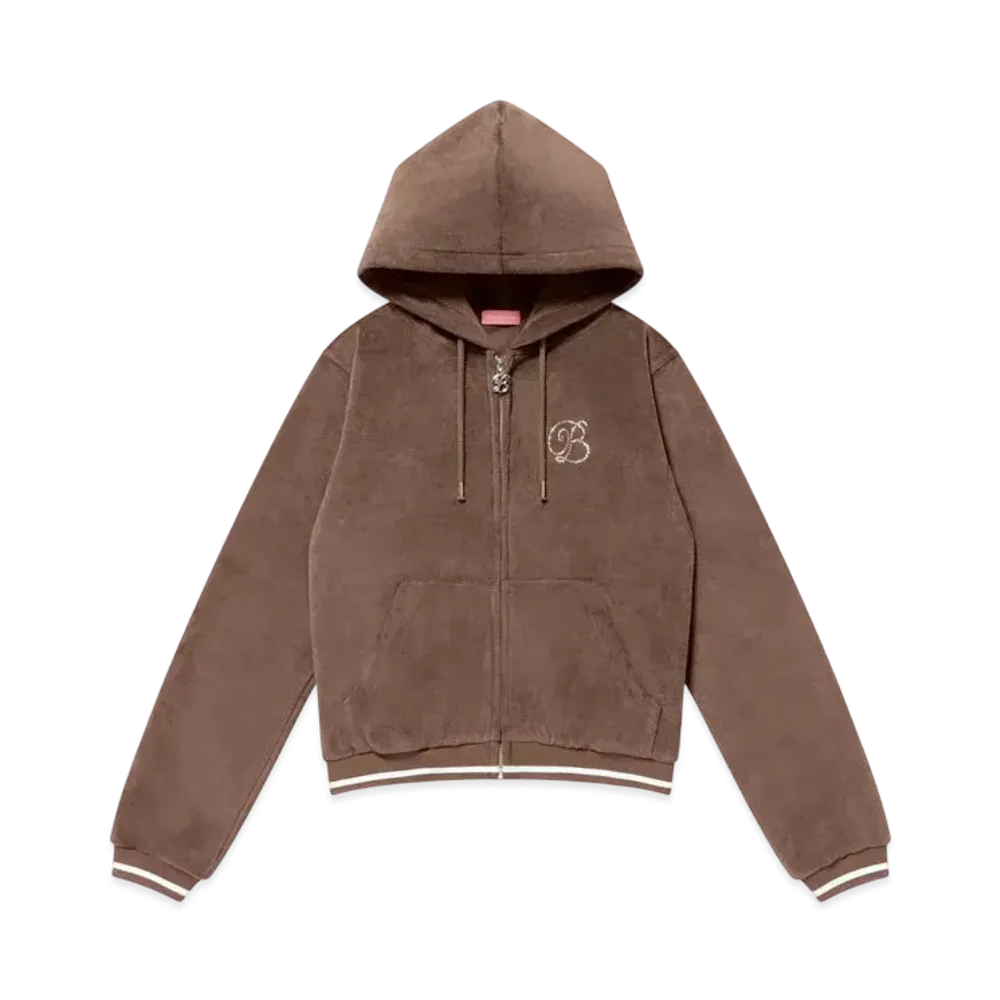 BlackEyePatch B Emblem Cropped Velour Zip Hoodie "Brown"