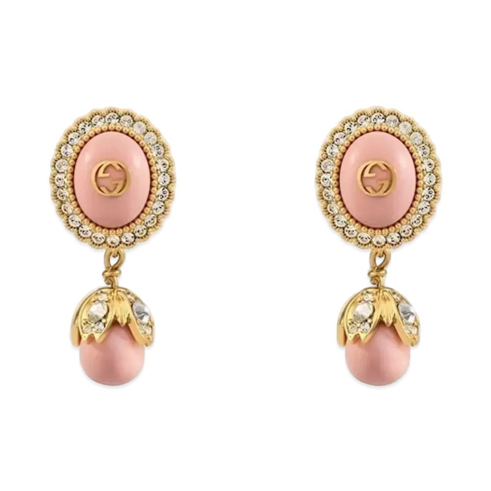 GUCCI Antique Gold Tone Metal Interlocking Double G Pearl Earrings "Gold"