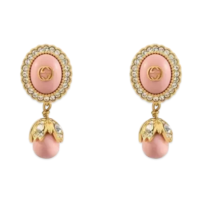 GUCCI Antique Gold Tone Metal Interlocking Double G Pearl Earrings "Gold"