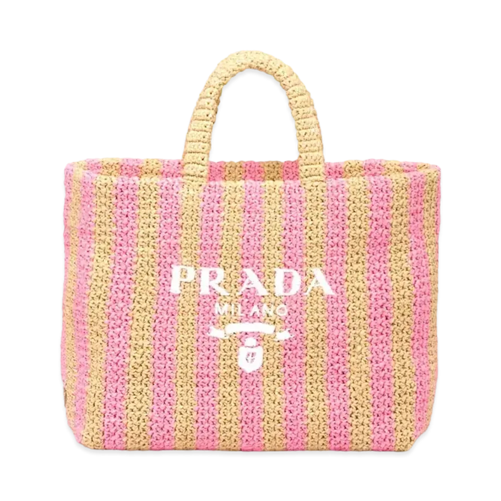 PRADA Large Raffia Tote Bag "Beige/Pink"