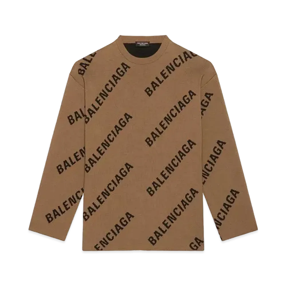 BALENCIAGA MENS Allover Logo Crewneck Knit "Light Brown/Black"