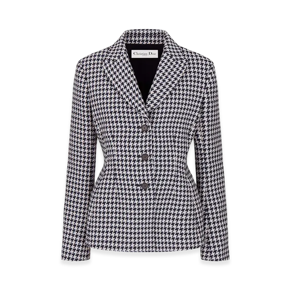 Dior Women's Fitted Jacket Houndstooth Virgin Wool Silk "Blue/White"